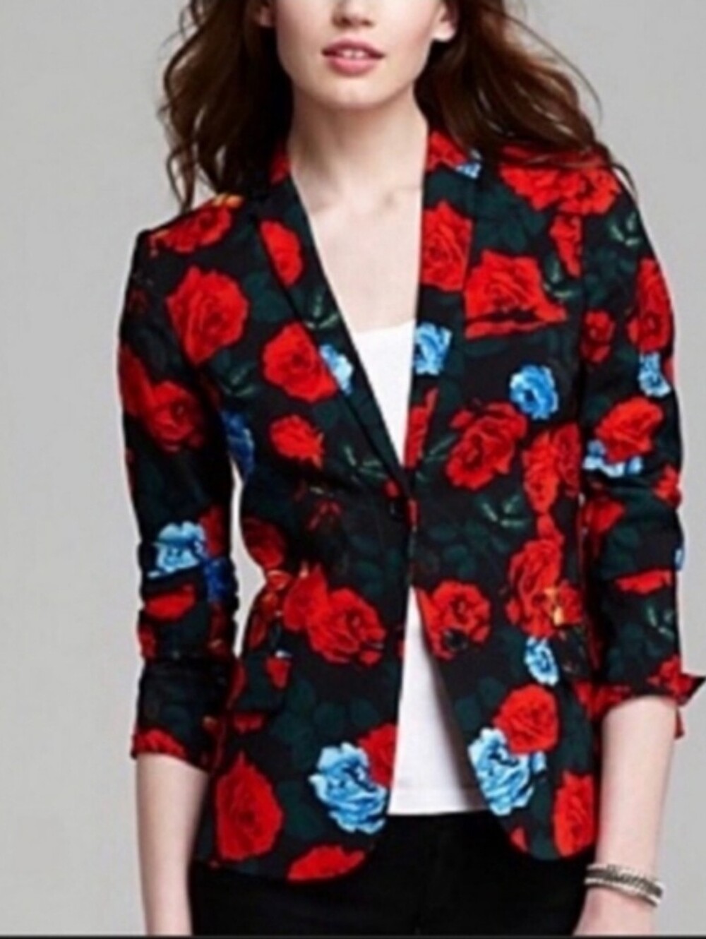 Vince Camuto Black Red Rose Floral Printed Black Blazer Jacket Size 12